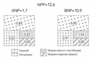 Рисунок 2. Величины надземной и подземной продукции для соответствующих типов пастбищ (тонн на долю площади пастбища в год).