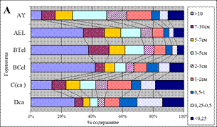 <strong><i>Рисунок 4. </i></strong>Диаграммы структурного анализа исследуемых почв: А – серая остаточно-карбонатная почва (КР-09/15); В – темногумусово-глеевая омергеленная с погребенными перегнойно-гумусовыми горизонтами (КР-09/18)